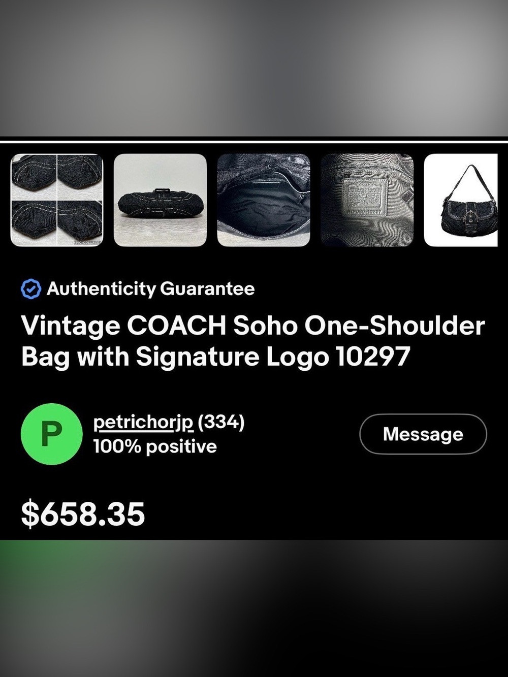 Coach F10926 Vintage Soho Black Leather & Signature Canvas Tote w/silver buckle - Picture 11 of 11